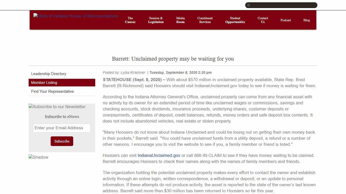 Barrett: Unclaimed property may be waiting for you State of Indiana House of Representatives